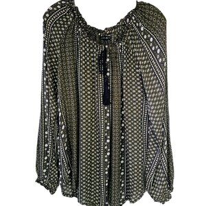 🌿 Maison Coupe Boho Blouse – Flowy Rayon, Tassel Tie Neck & Floral Charm - XL